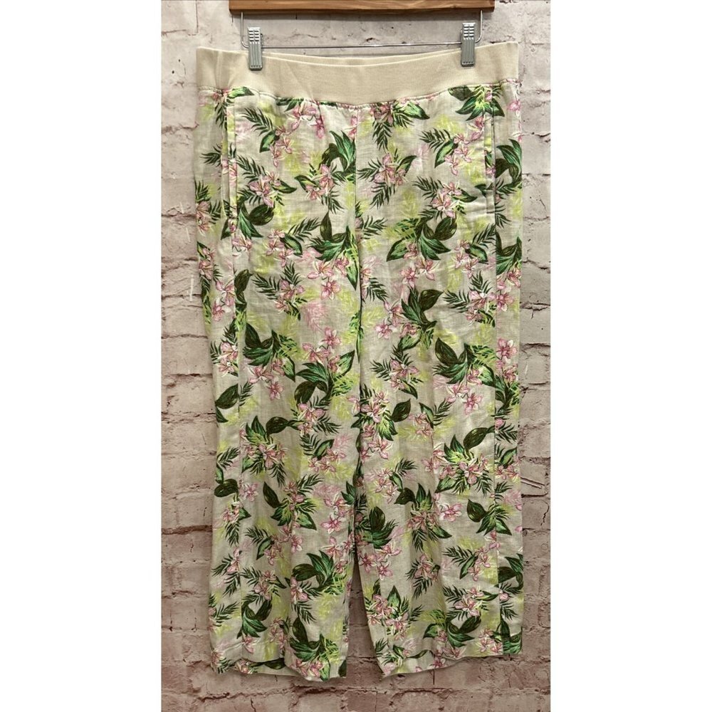 J.Jill LOVE LINEN Floral Cropped Wide Leg Pull- On Pant Elastic Waist Size M